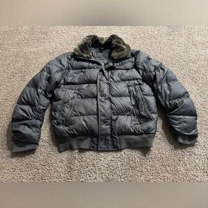 Marc New York Charcoal Puffer Jacket with Fur Collar.